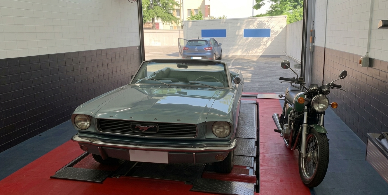 Auto und Motorrad bei der Hauptuntersuchung und Abgasuntersuchung